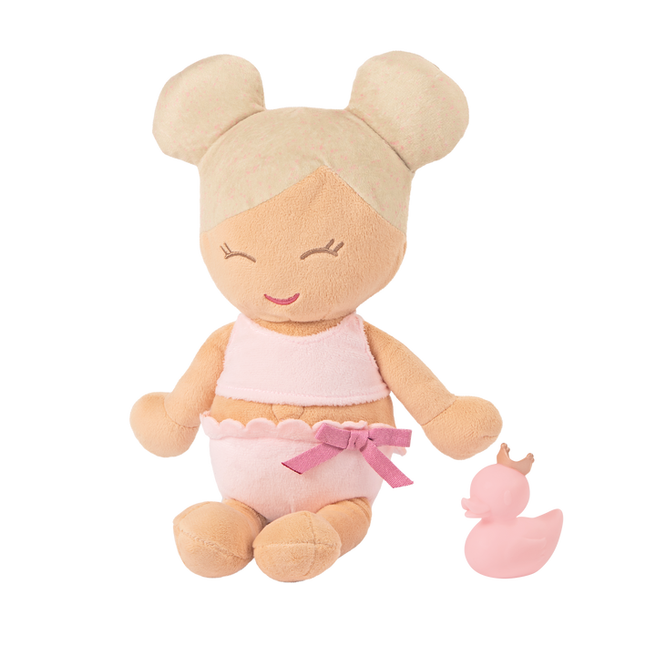 Plush Bath Doll with Blonde Hair and pink rubber ducky