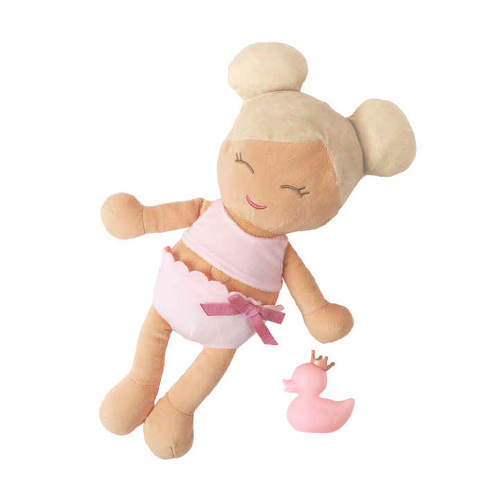 Plush Bath Doll with Blonde Hair and pink rubber ducky