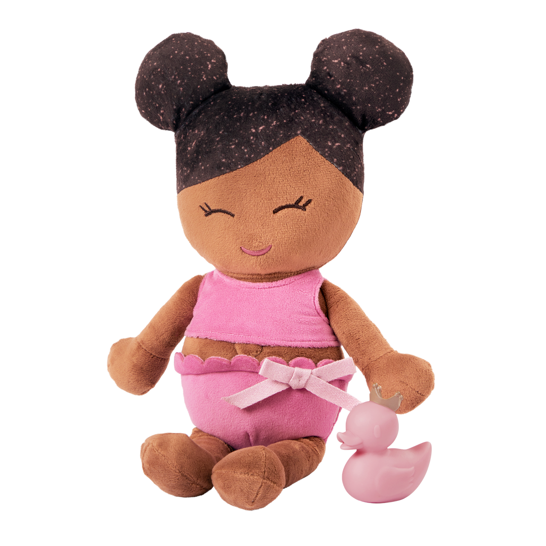 Plush Bath Doll - Dark Skin and Dark Hair - and a rubber ducky