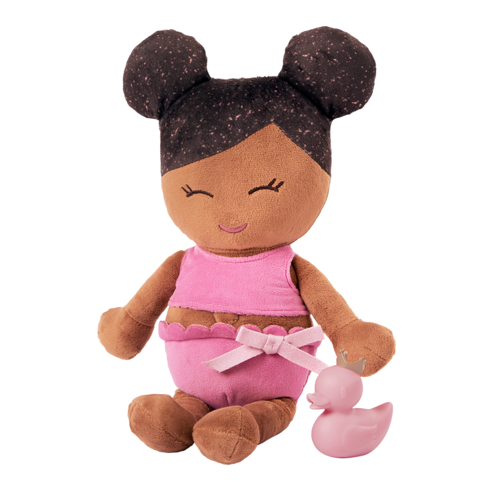Plush Bath Doll - Dark Skin and Dark Hair - and a rubber ducky