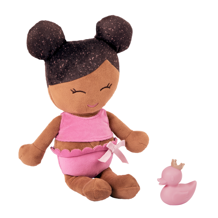 Plush Bath Doll - Dark Skin and Dark Hair - and a rubber ducky