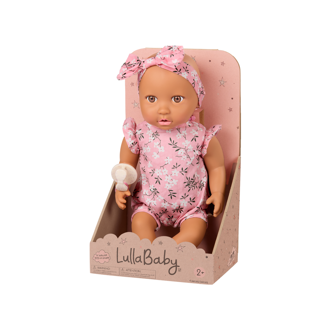 14" Soft Baby Doll w/Floral Onesie, Headband and a Soother