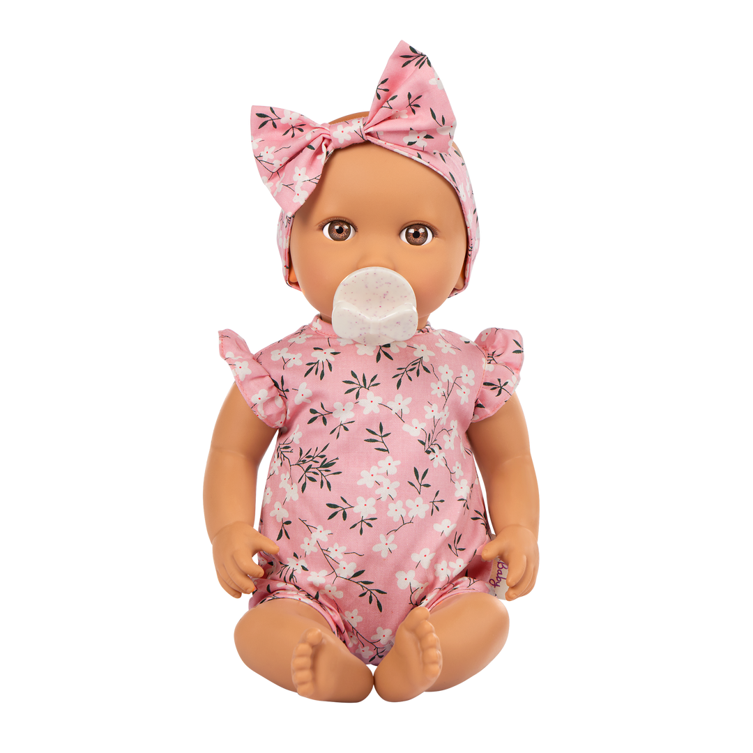 14" Soft Baby Doll w/Floral Onesie, Headband and a Soother