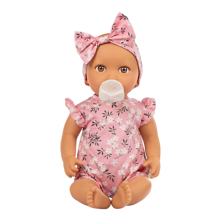 14" Soft Baby Doll w/Floral Onesie, Headband and a Soother