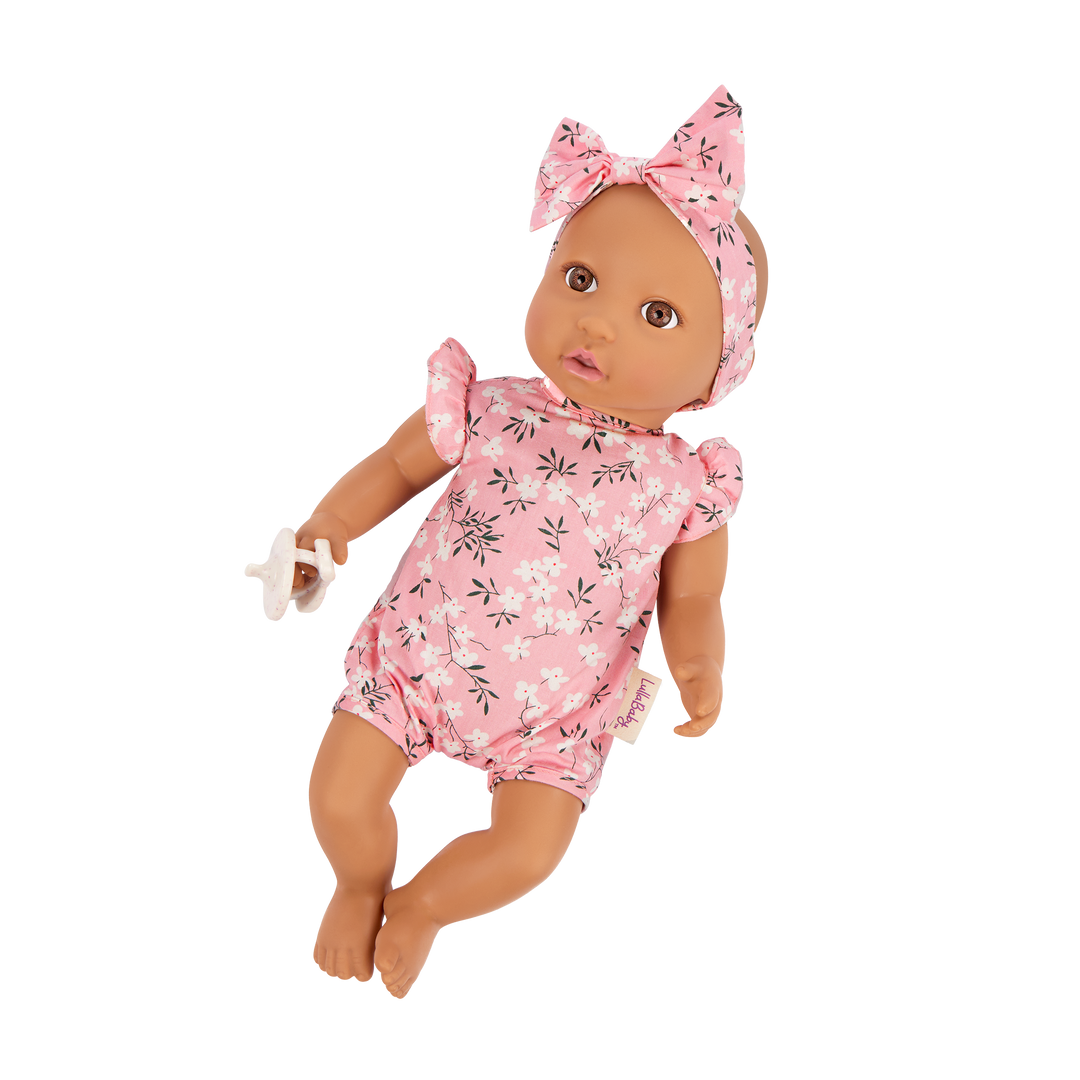 14" Soft Baby Doll w/Floral Onesie, Headband and a Soother