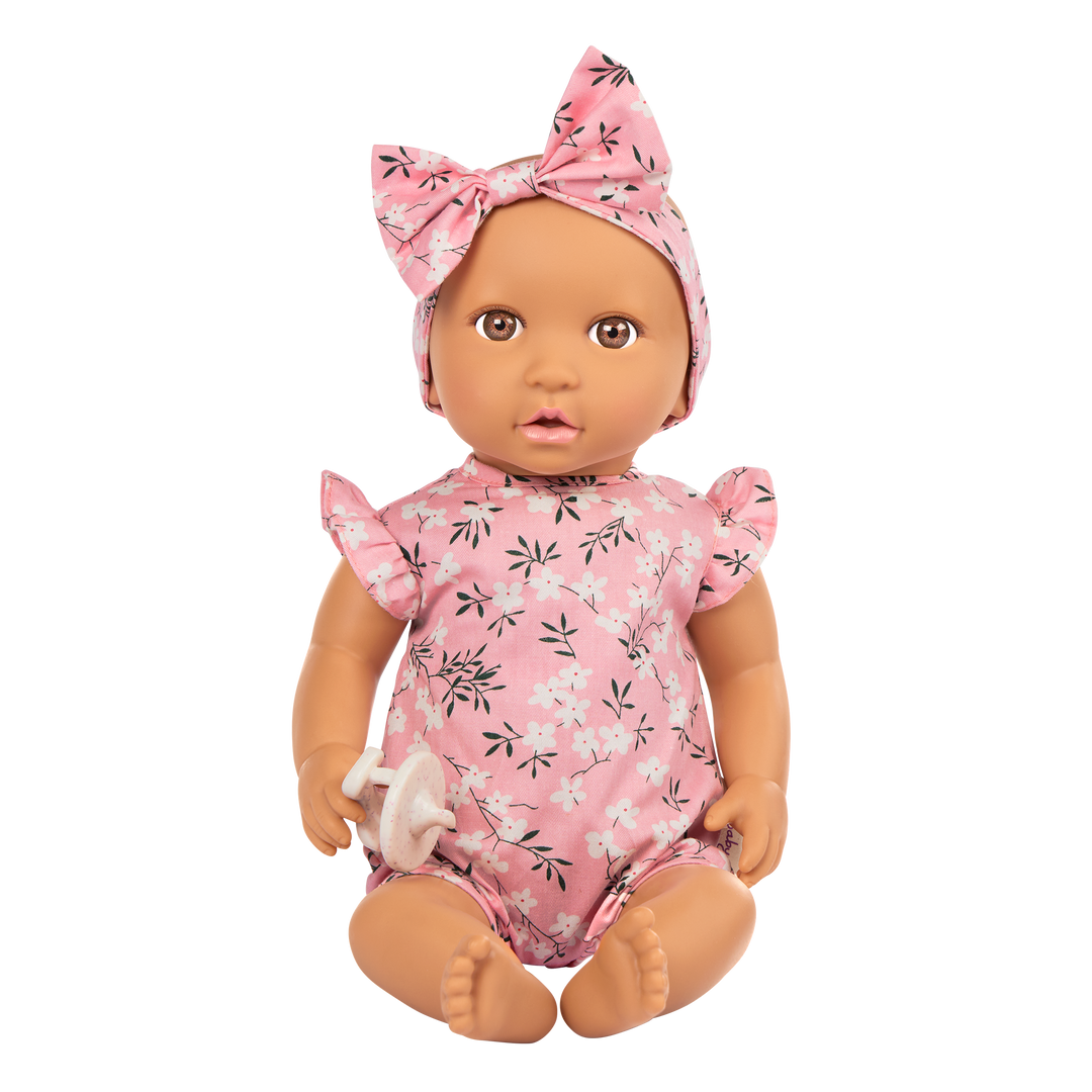 14" Soft Baby Doll w/Floral Onesie, Headband and a Soother