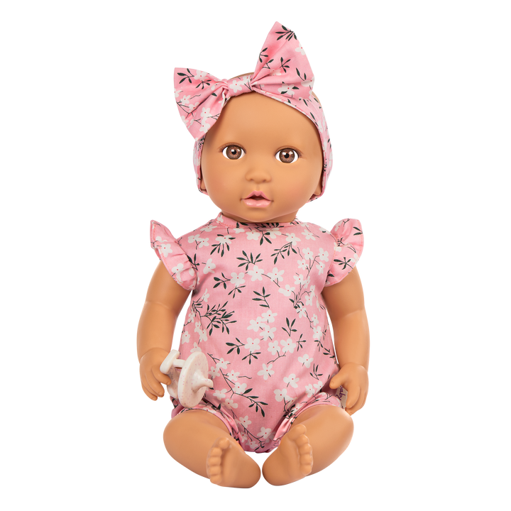 14" Soft Baby Doll w/Floral Onesie, Headband and a Soother