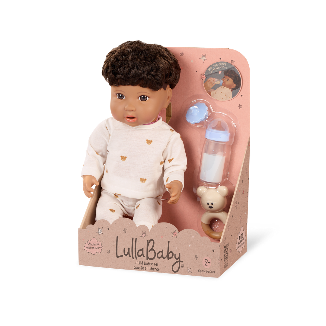 LullaBaby boy doll with brown hair in teddy bear outfit