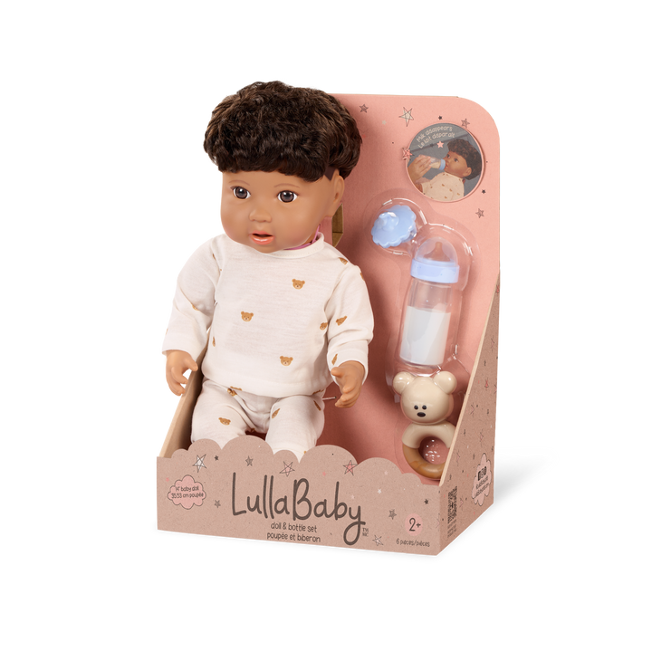 LullaBaby boy doll with brown hair in teddy bear outfit