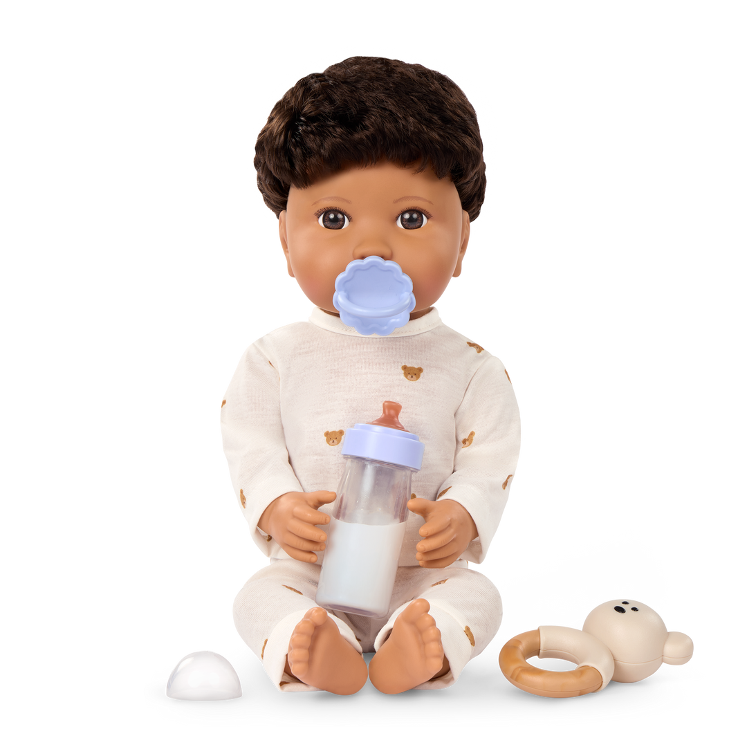 LullaBaby boy doll with brown hair in teddy bear outfit