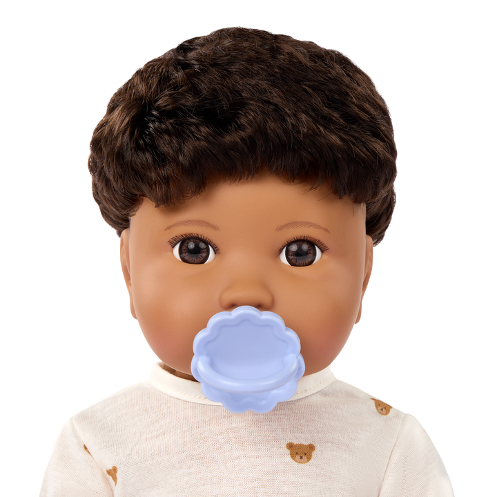 LullaBaby boy doll with brown hair in teddy bear outfit