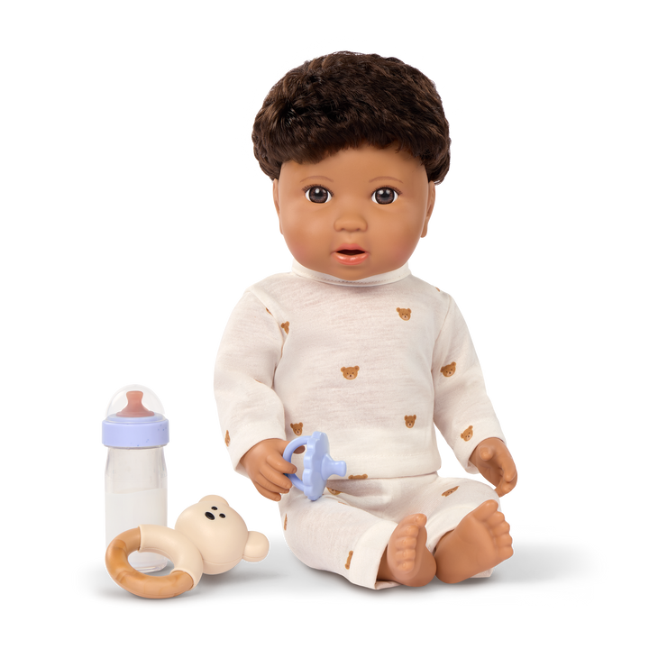 LullaBaby boy doll with brown hair in teddy bear outfit
