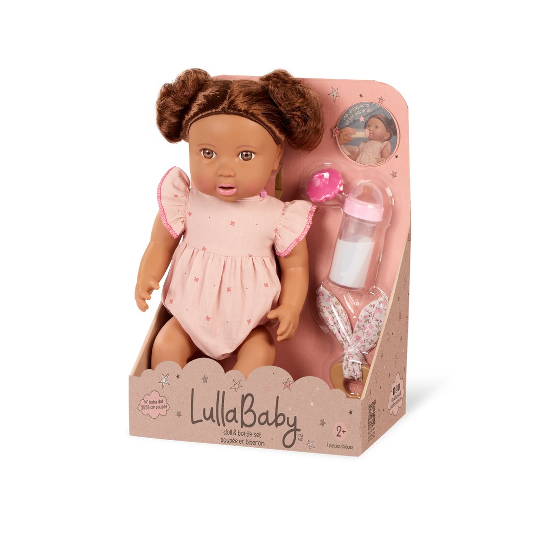 LullaBaby doll with brown hair in pink outfit