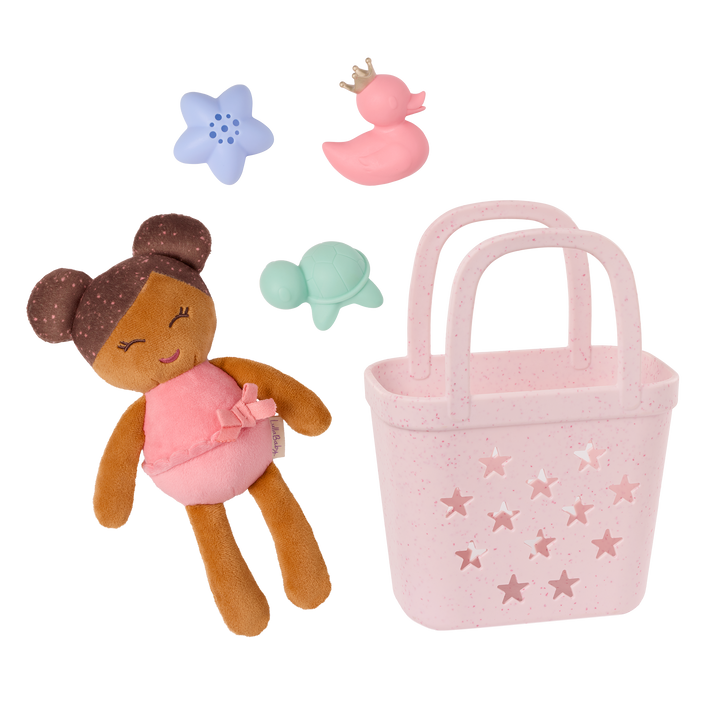 LullaBaby bath doll, bath toys, and pink basket